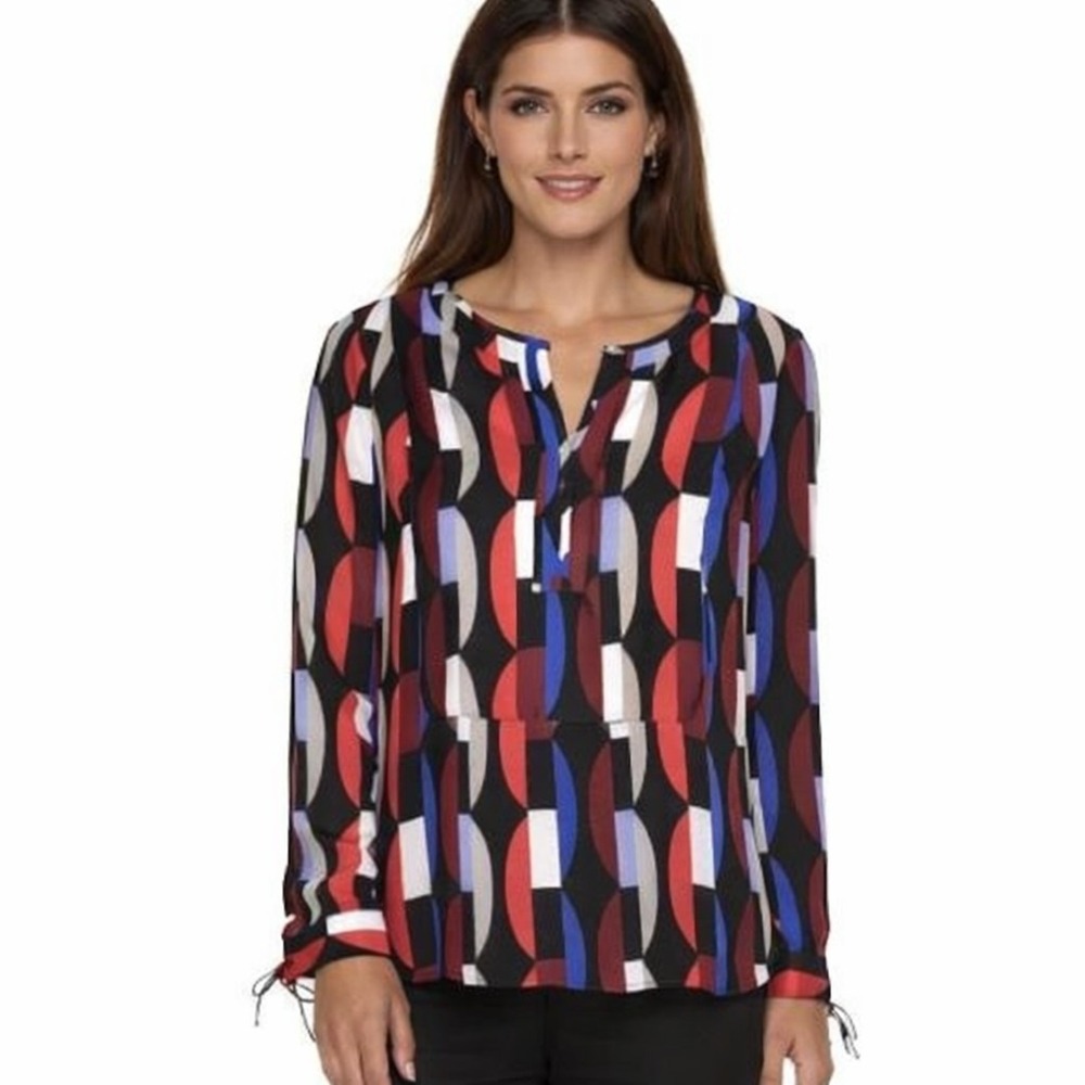 Dana Buchman Blouse Women's Size Large L/S Blouse Tie Sleeve Multi Color EUC